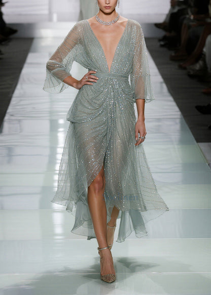 Elegant Green Sequins Side Open Tulle Long Dress Summer