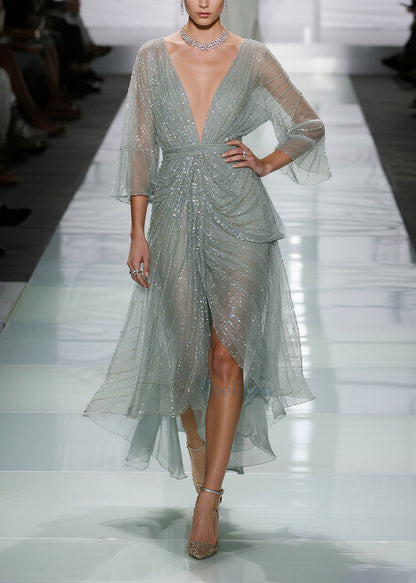 Elegant Green Sequins Side Open Tulle Long Dress Summer