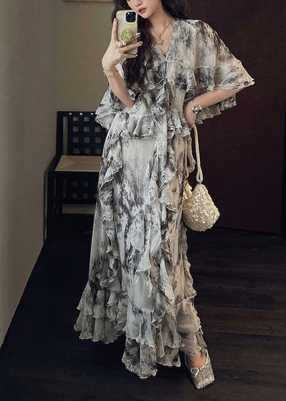 Elegant Green Tie Dye Ruffled Patchwork Silk Ankle Dress Summer