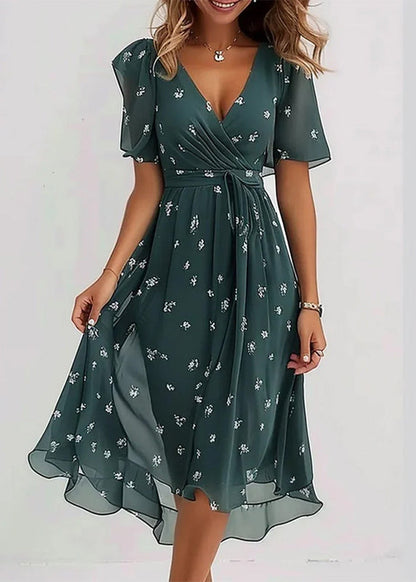 Elegant Green V Neck Print Chiffon Vacation Dresses Summer
