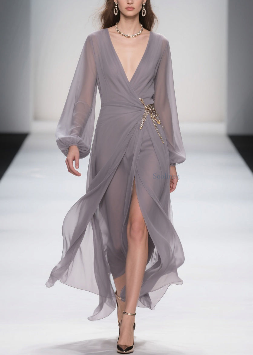 Elegant Grey Lace Up Front Open Chiffon Long Dress Spring