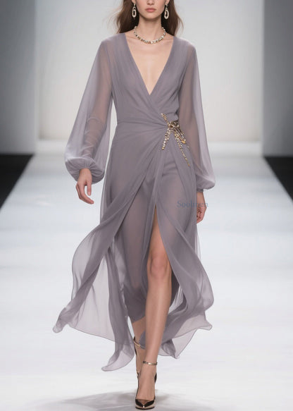 Elegant Grey Lace Up Front Open Chiffon Long Dress Spring