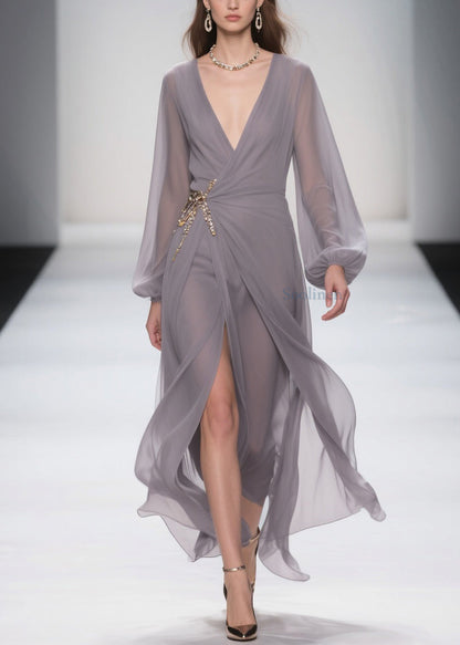 Elegant Grey Lace Up Front Open Chiffon Long Dress Spring