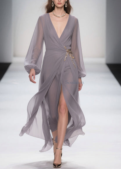 Elegant Grey Lace Up Front Open Chiffon Long Dress Spring