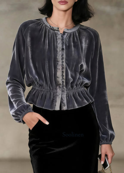 Elegant Grey O-neck Button Silk Velour Tops Spring
