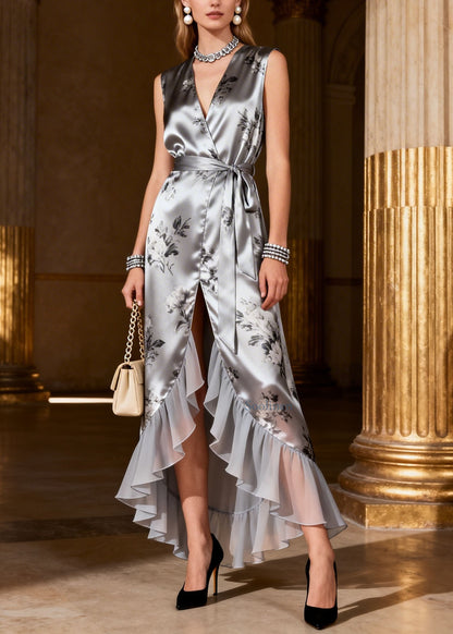 Elegant Grey Ruffled Print Low High Design Silk Dress Summer