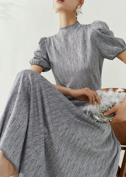 Elegant Grey Turtleneck Top And Maxi Skirts Two Pieces Set Puff Sleeve