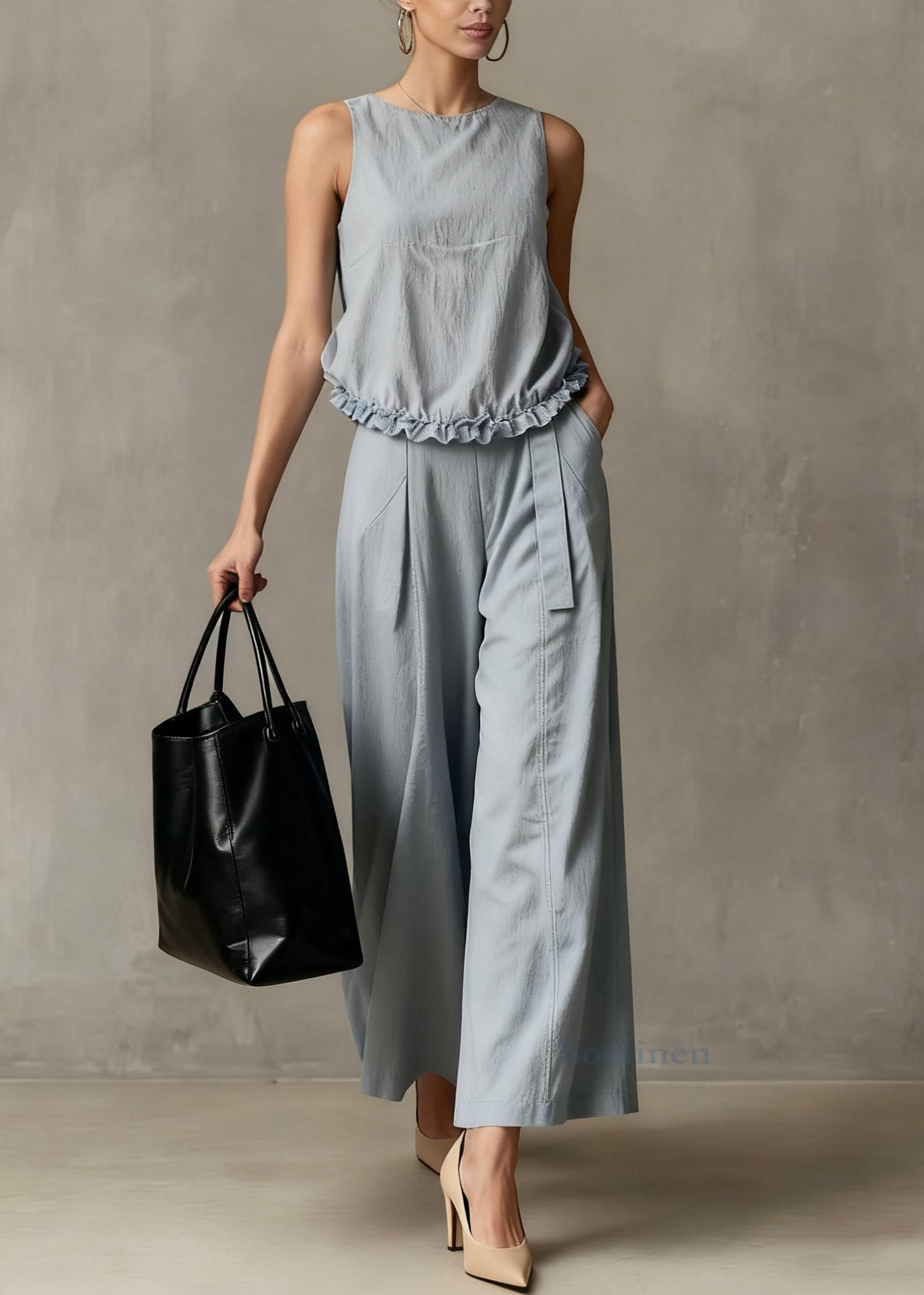 Elegant Haze Blue Ruffled Pockets Cotton Two Piece Set Summer