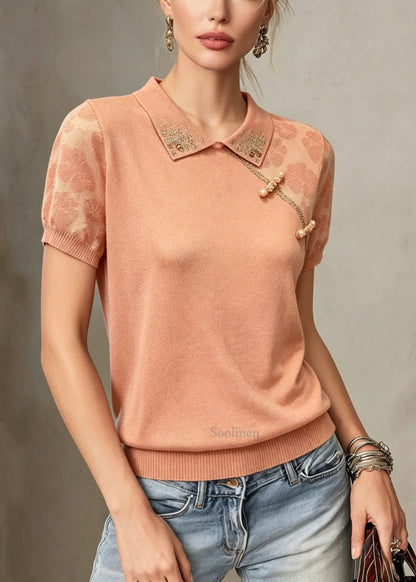 Elegant Jacquard Peter Pan Collar Zircon Thin Knit Tops Summer