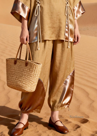 Elegant Khaki O Neck Drawstring Patchwork Shirt And Crop Pants Silk Linen Two Pieces Set