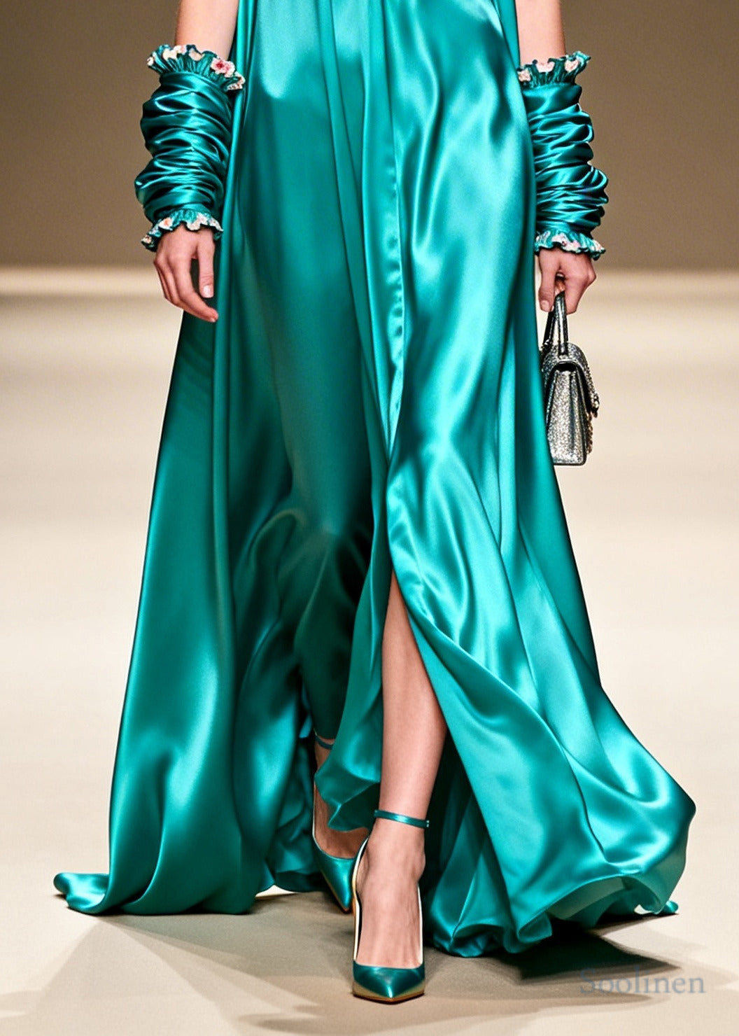 Elegant Lake Green V Neck Floral Silk Long Dresses Summer