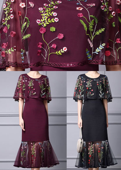 Elegant Mulberry Embroidered Floral Cape Style Party Dress Summer