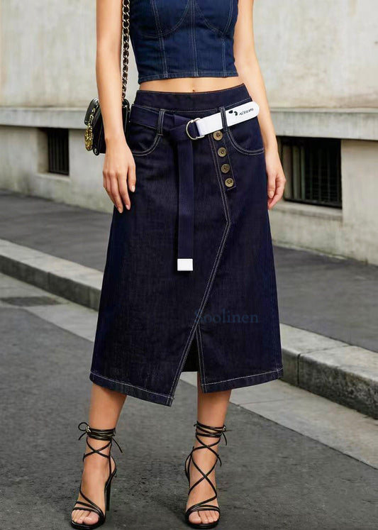 Elegant Navy Asymmetrical Side Open Denim Skirt Summer