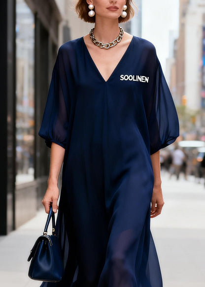 Elegant Navy V Neck Print Chiffon Long Dress Summer