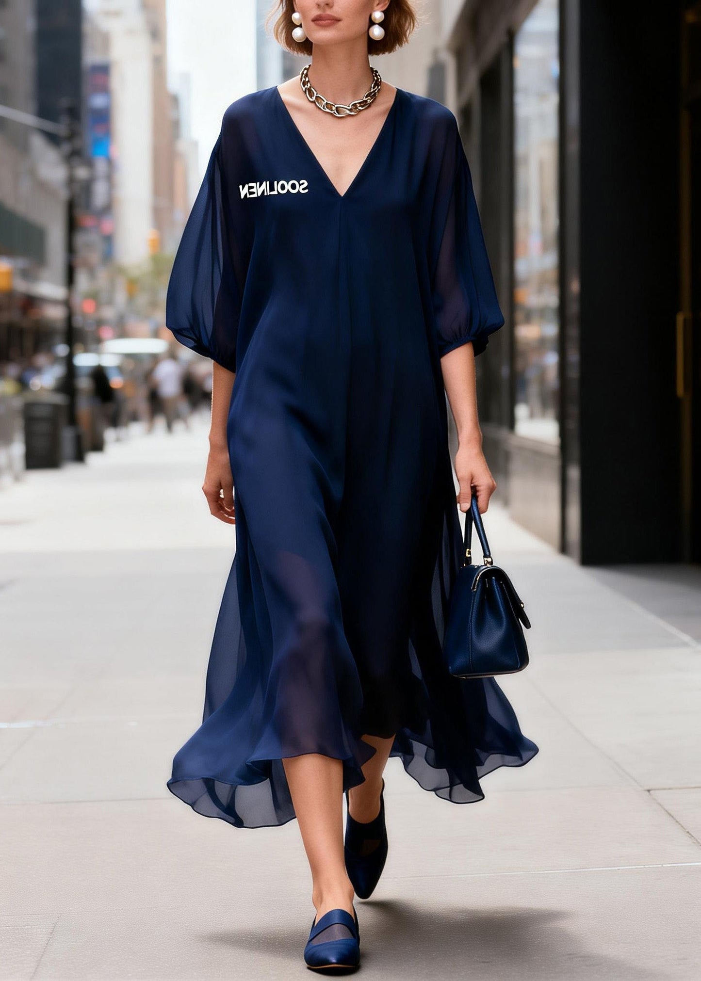 Elegant Navy V Neck Print Chiffon Long Dress Summer