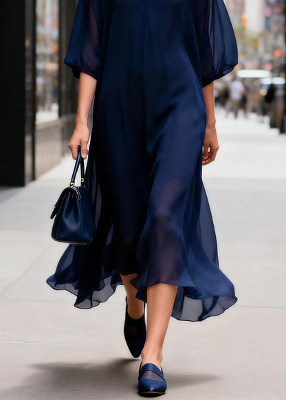 Elegant Navy V Neck Print Chiffon Long Dress Summer