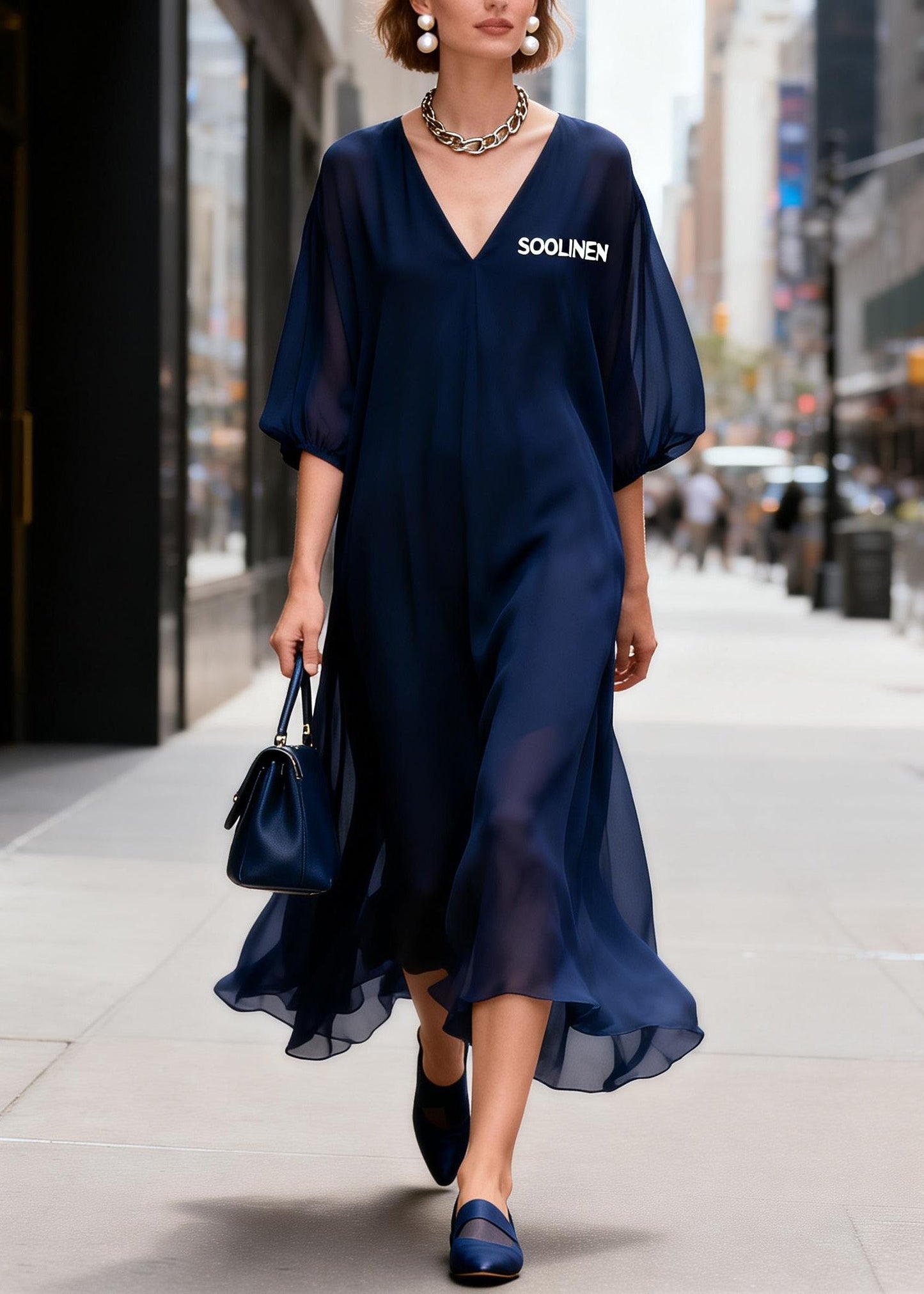 Elegant Navy V Neck Print Chiffon Long Dress Summer