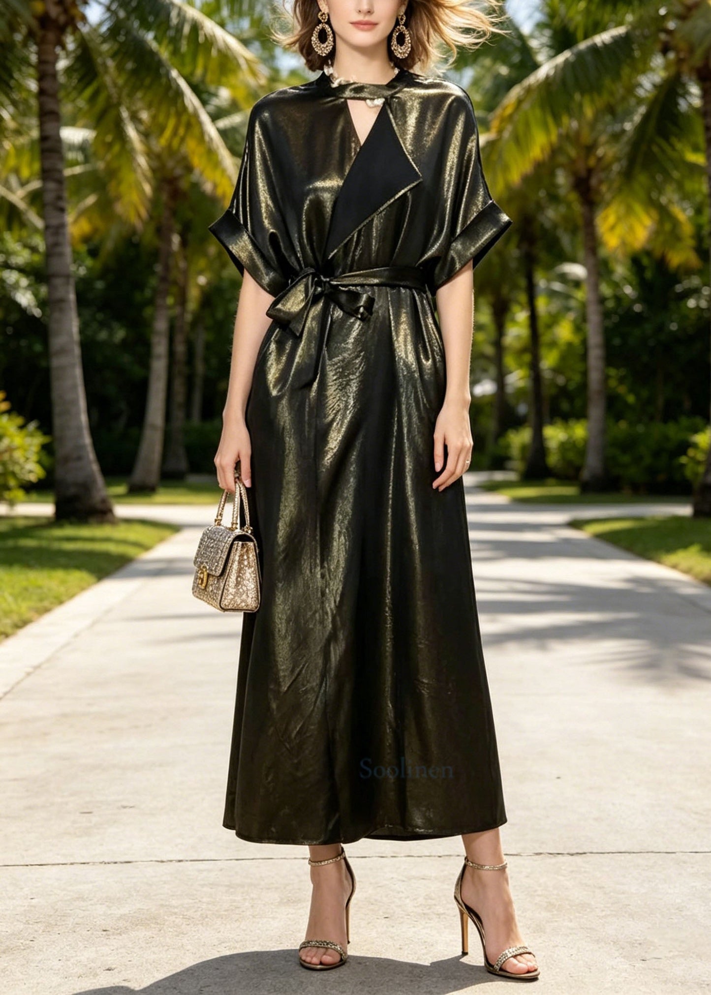 Elegant O Neck Lace Up Pockets Silk Long Dresses Summer