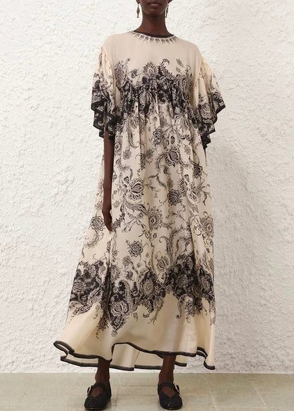 Elegant O Neck Print Cotton Long Dresses Summer