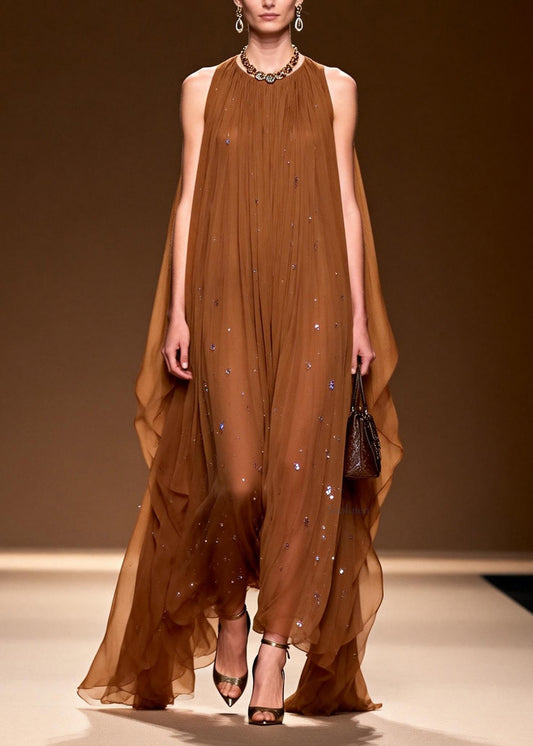 Elegant O Neck Zircon Chiffon Long Dress Sleeveless