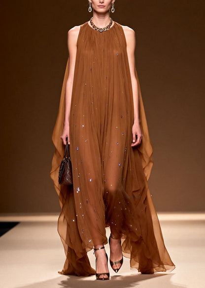 Elegant O Neck Zircon Chiffon Long Dress Sleeveless