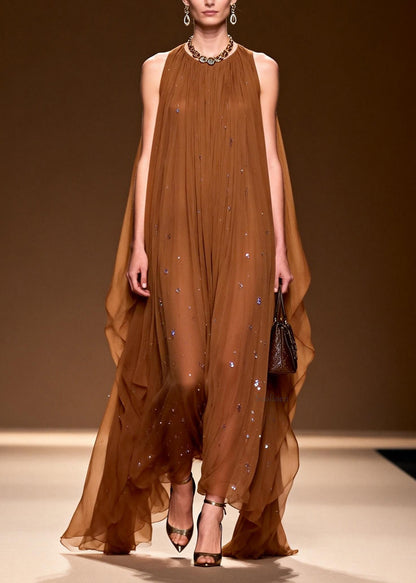 Elegant O Neck Zircon Chiffon Long Dress Sleeveless