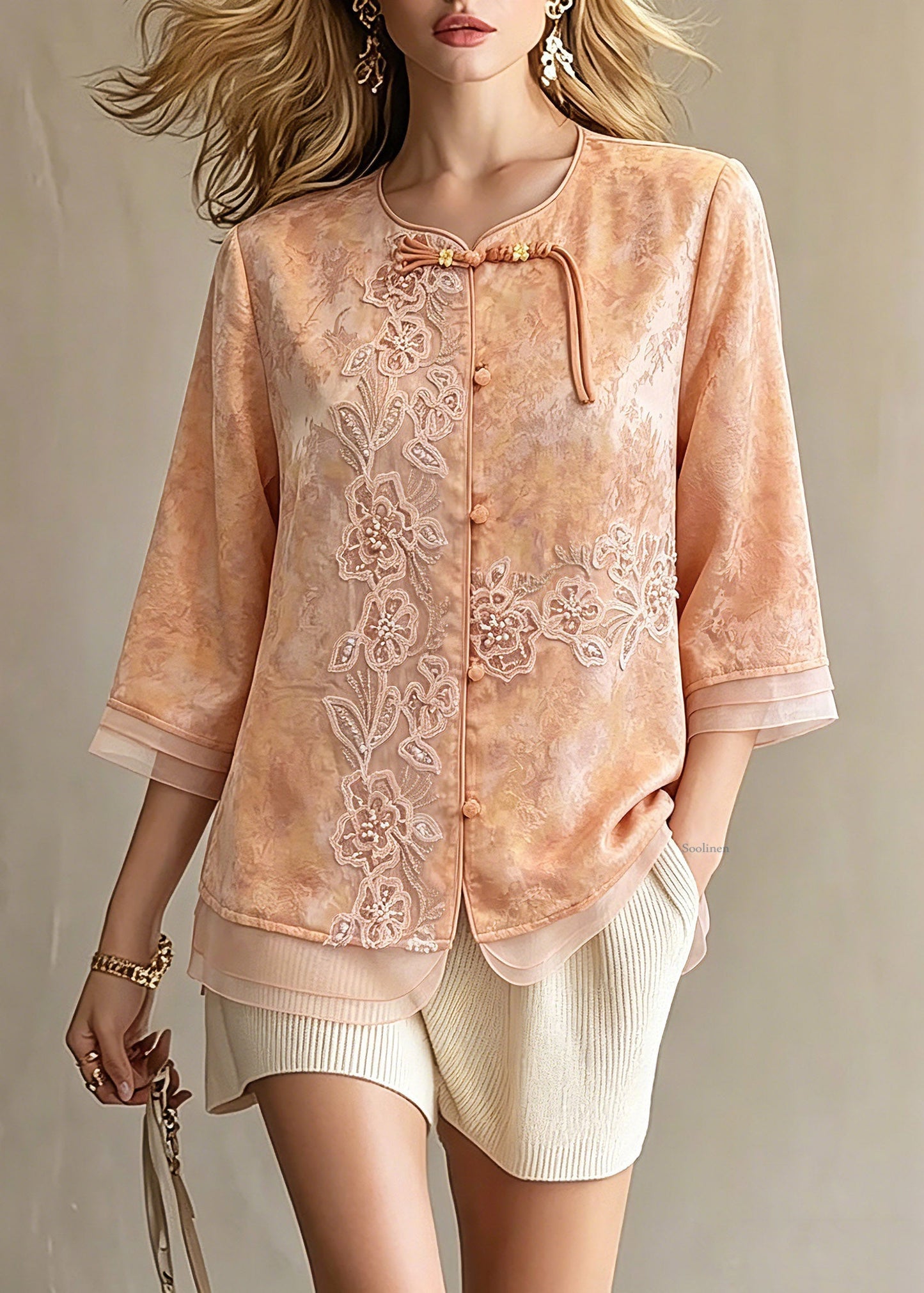 Elegant Orange Embroidered Patchwork Button Shirts Spring