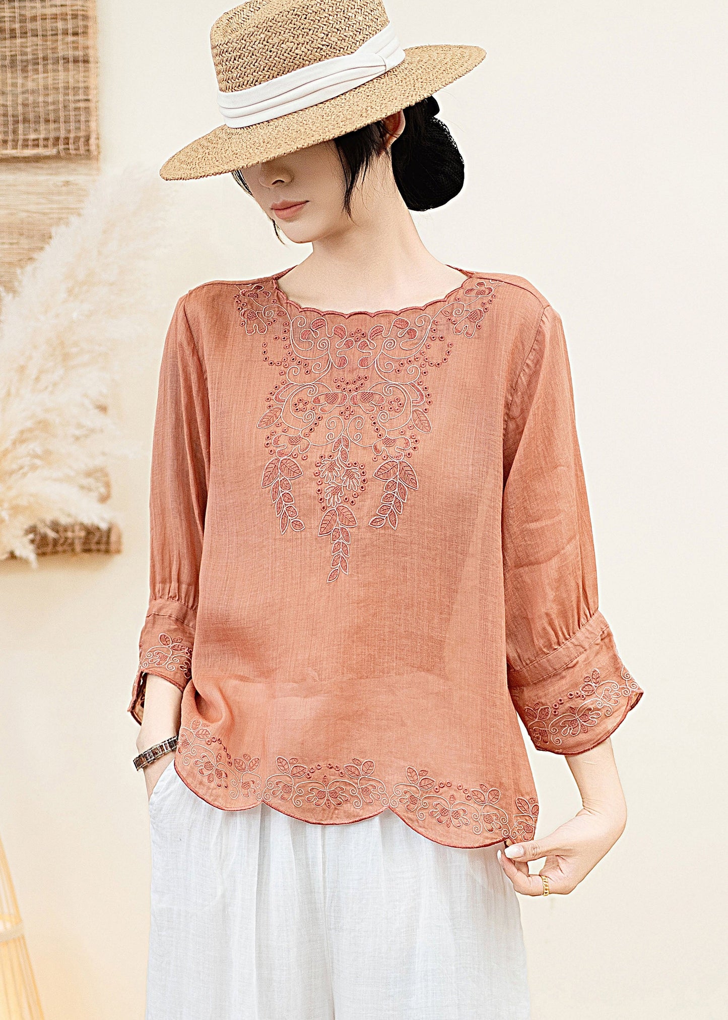 Elegant Orange O Neck Embroidered Linen Blouse Tops Summer
