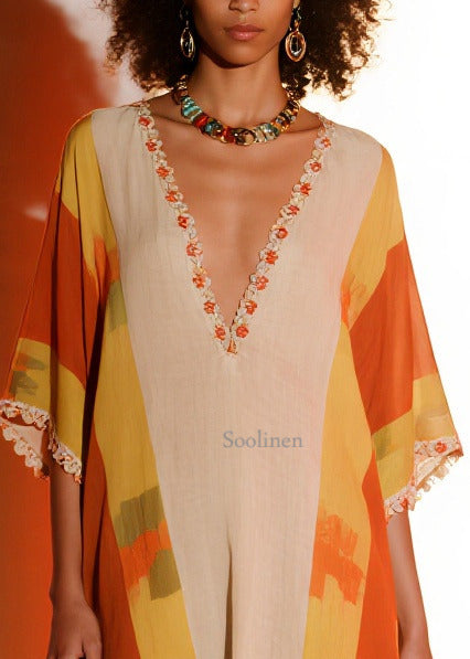 Elegant Orange Ruffled Print Chiffon Holiday Dress Summer