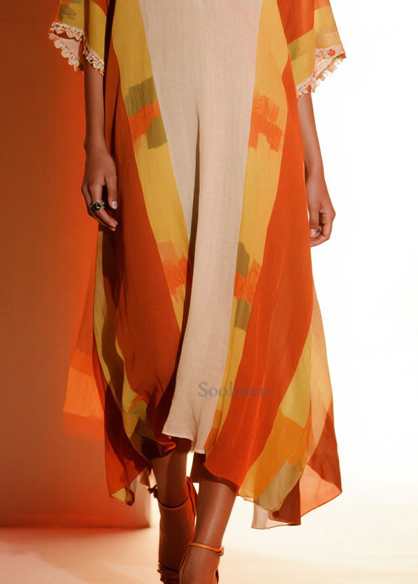Elegant Orange Ruffled Print Chiffon Holiday Dress Summer