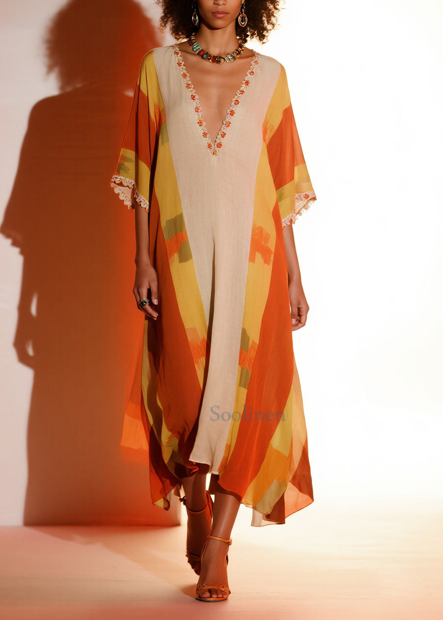 Elegant Orange Ruffled Print Chiffon Holiday Dress Summer