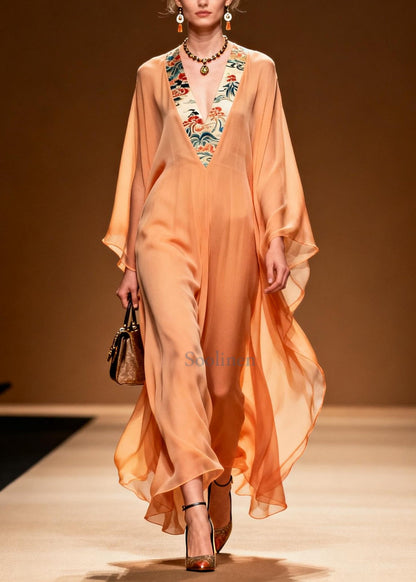 Elegant Orange V Neck Patchwork Chiffon Long Dress Summer