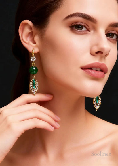 Elegant Peacock Green Leaf Zircon Drop Earrings