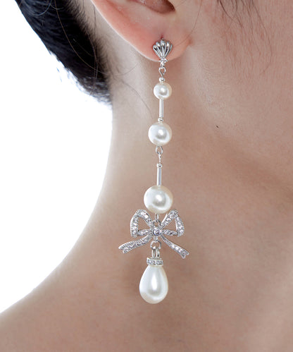 Elegant Pearl Bow Silver Long Drop Earrings Earrings