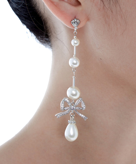 Elegant Pearl Bow Silver Long Drop Earrings Earrings