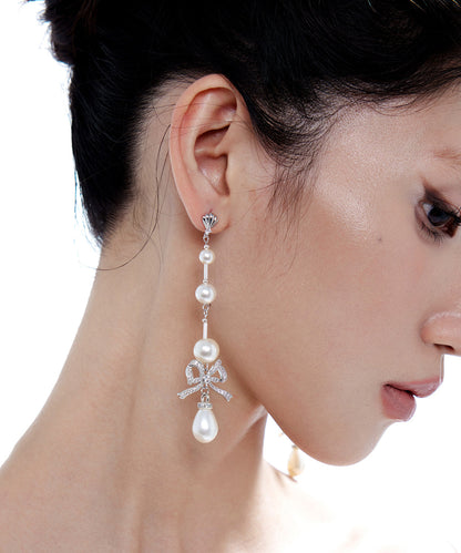 Elegant Pearl Bow Silver Long Drop Earrings Earrings