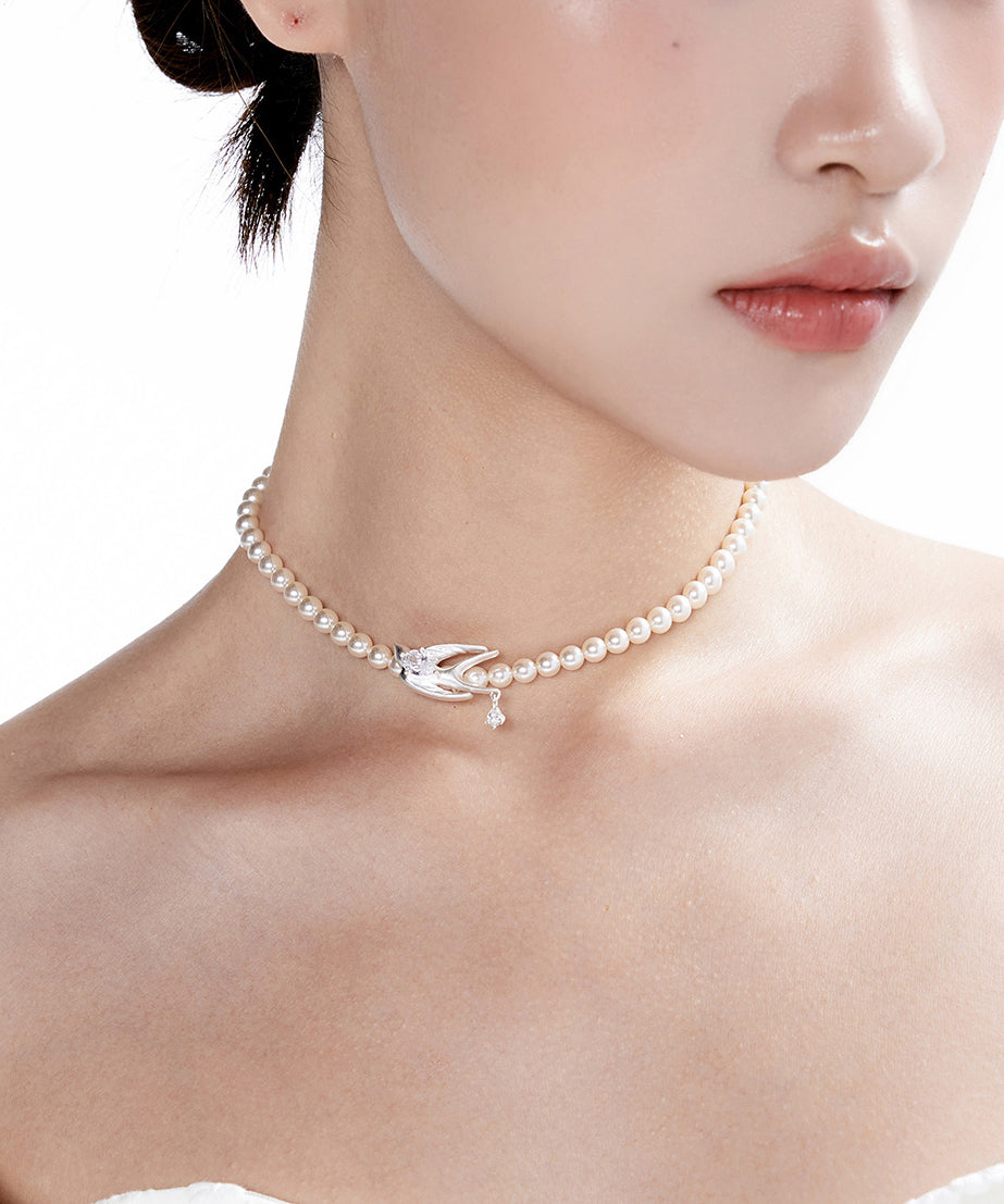 Elegant Pearl Little Bird Zircon Silver Plated Choker