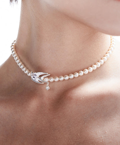 Elegant Pearl Little Bird Zircon Silver Plated Choker