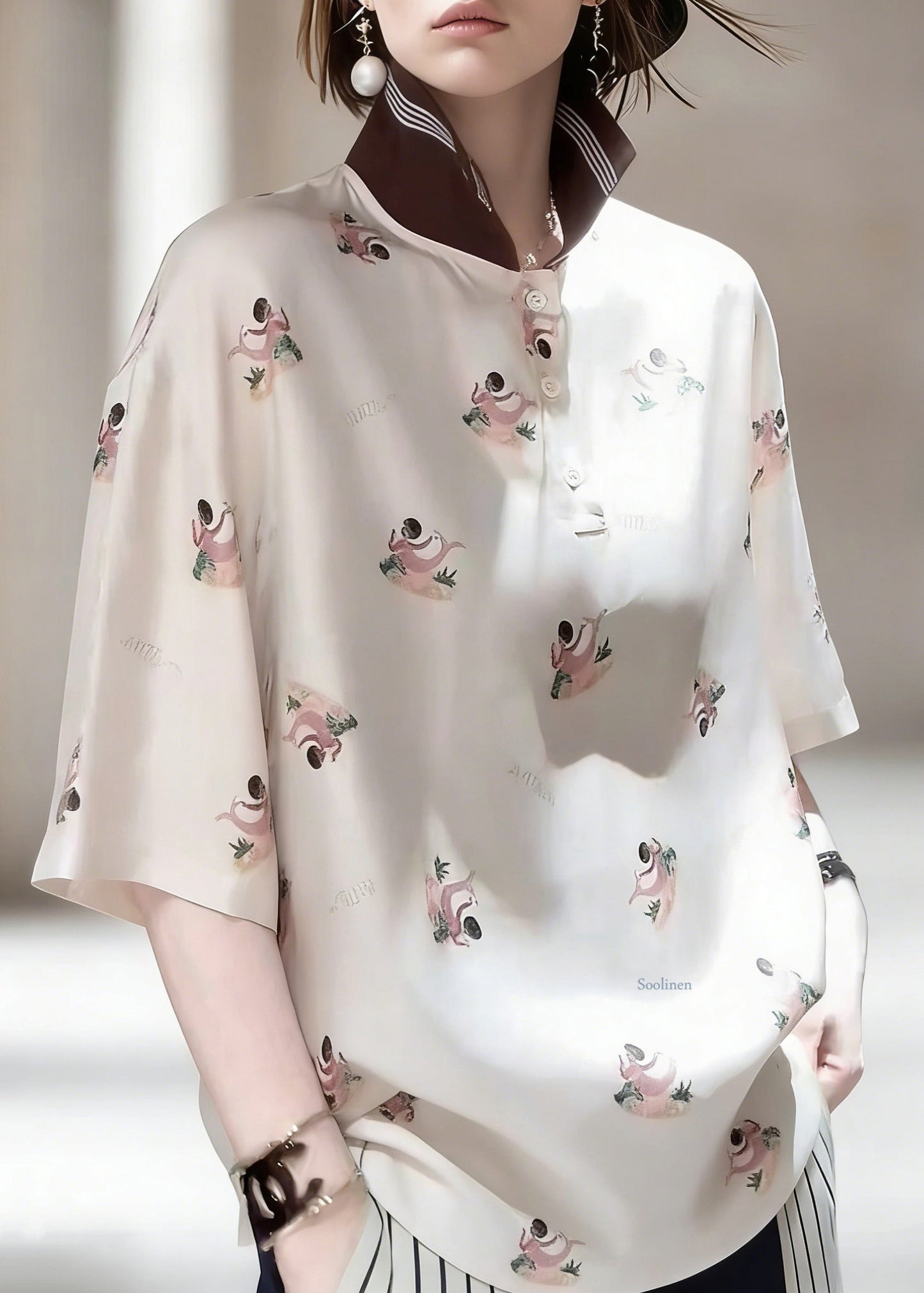 Elegant Peter Pan Collar Print Patchwork Silk Shirts Half Sleeve
