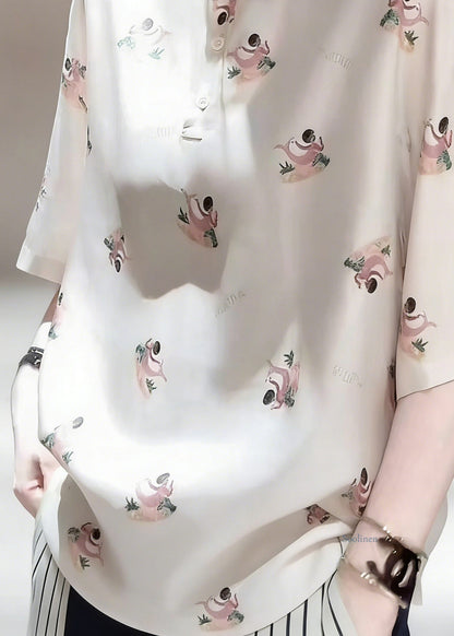 Elegant Peter Pan Collar Print Patchwork Silk Shirts Half Sleeve