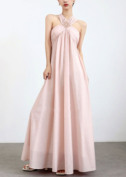 Elegant Pink Cold Shoulder Pearl Solid Cotton Maxi Dresses Sleeveless