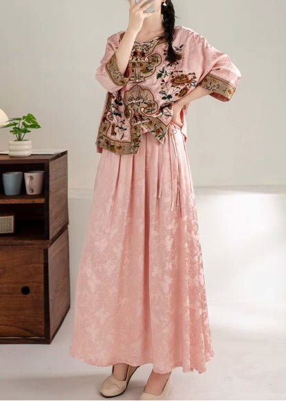 Elegant Pink Jacquard Exra Large Hem Silk Skirt Spring