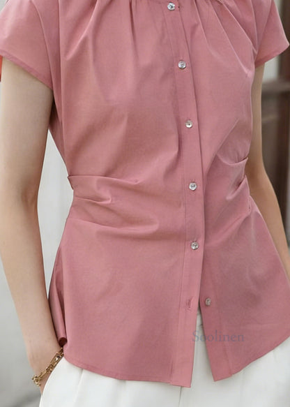 Elegant Pink O Neck Wrinkled Cotton Shirt Tops Summer