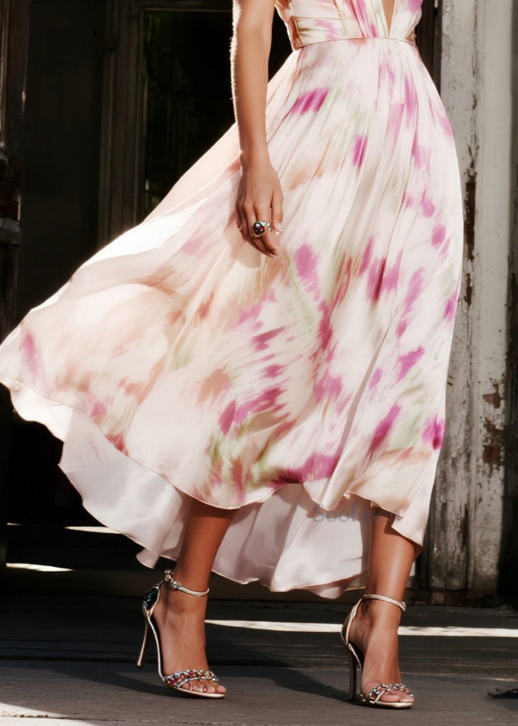 Elegant Pink Print Exra Large Hem Draping Silk Evening Dress Summer