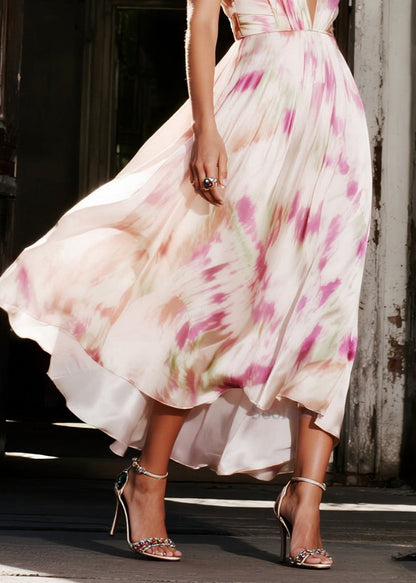 Elegant Pink Print Exra Large Hem Draping Silk Evening Dress Summer