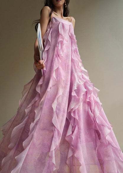 Elegant Pink Ruffled Chiffon Spaghetti Strap Dress Sleeveless