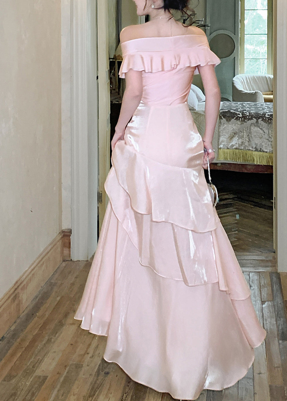 Elegant Pink Slash Neck Cinched Asymmetrical Ruffled Long Dresses Short Sleeve