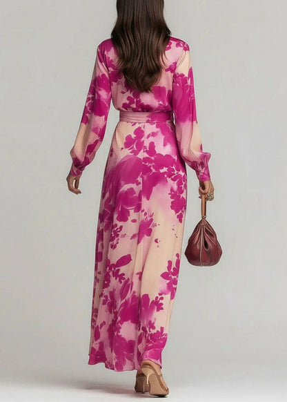Elegant Pink V Neck Print Lace Up Chiffon Long Dress Fall