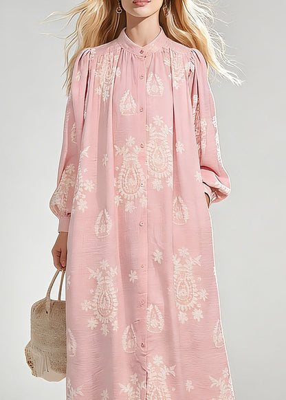 Elegant Pink Wrinkled Butto Long Dress Spring