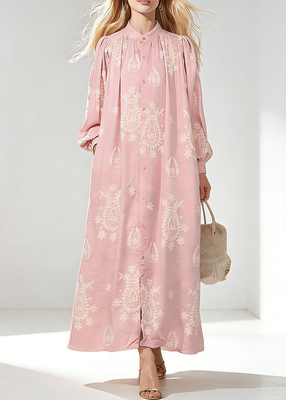 Elegant Pink Wrinkled Butto Long Dress Spring